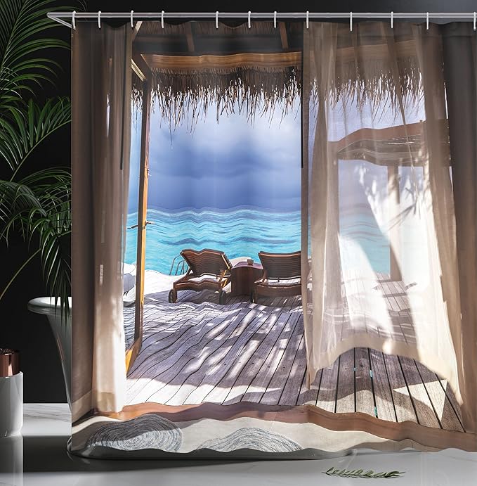 Ambesonne Coastal Shower Curtain, Romantic Wooden Bungalow on The Water Deckchairs Maldives Beach Summer Relax, Cloth Fabric Bathroom Decor Set with Hooks, 69" W x 75" L, Brown Blue