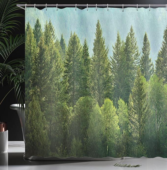 Ambesonne Nature Shower Curtain, Forest Pine Tree Tops Refreshing Eco Woodland Wilderness Mountainside Landscape Print, Cloth Fabric Bathroom Decor Set with Hooks, 69" W x 75" L, Green Teal
