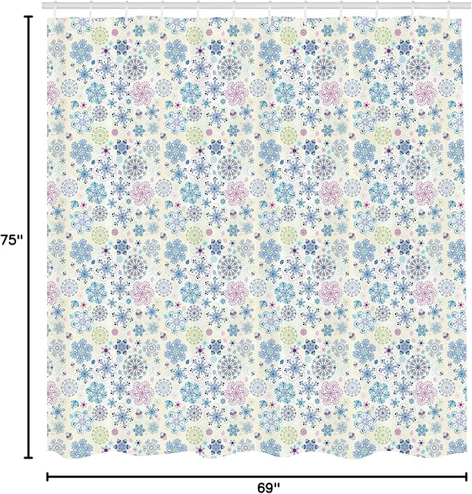 Ambesonne Snowflake Shower Curtain, Christmas Themed Abstract Winter Season Motifs and Leaves Colorful Composition, Cloth Fabric Bathroom Decor Set with Hooks, 69" W x 75" L, Cream Blue