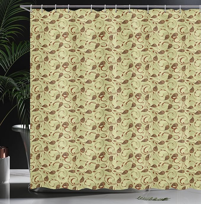 Ambesonne Paisley Shower Curtain, Modern Design of Classic Eastern Leafy Motif and Swirly Branches Art Oriental, Cloth Fabric Bathroom Decor Set with Hooks, 69" W x 70" L, Pale Green Brown