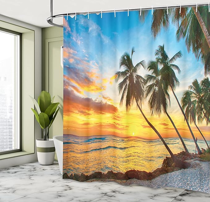 Ambesonne Ocean Shower Curtain, Sunset Over Sea The Palms on The Beach at a Caribbean Island in Barbados, Cloth Fabric Bathroom Decor Set with Hooks, 69" W x 70" L, Sunset Sea Blue