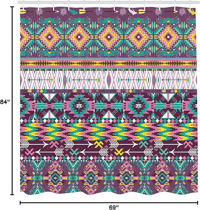 Ambesonne Tribal Shower Curtain, Traditional Pattern Geometrics and Arrows Art, Cloth Fabric Bathroom Decor Set with Hooks, 69" W x 84" L, Teal Purple Yellow