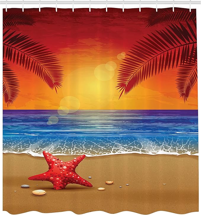 Ambesonne Tropical Shower Curtain, Sunset Cartoon Illustration Beach Summer Starfish Palm Tree Ocean Fantasy Art, Cloth Fabric Bathroom Decor Set with Hooks, 69" W x 70" L, Red Yellow Blue