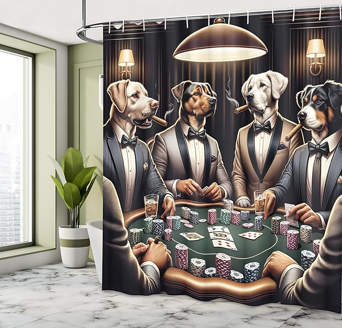 Ambesonne Dog Shower Curtain, Funny Gentleman Animals in Sharp Suits Around The Poker Table Humorous Scene, Cloth Fabric Bathroom Decor Set with Hooks, 69" W x 70" L, Brown Dark Green Grey