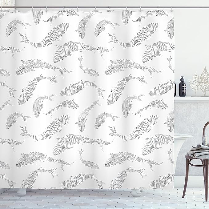 Ambesonne Fish Shower Curtain, Minimalist Fish Pattern with Stripes Tropical Fauna Tail Hand Drawn Nautical Theme, Cloth Fabric Bathroom Decor Set with Hooks, 69" W x 70" L, White Grey