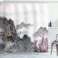 Ambesonne Asian Shower Curtain, Traditional Chinese Painting Landscape Sakura Cherry Tree Cloudy Mountains, Cloth Fabric Bathroom Decor Set with Hooks, 69" W x 70" L, Seal Brown White Red
