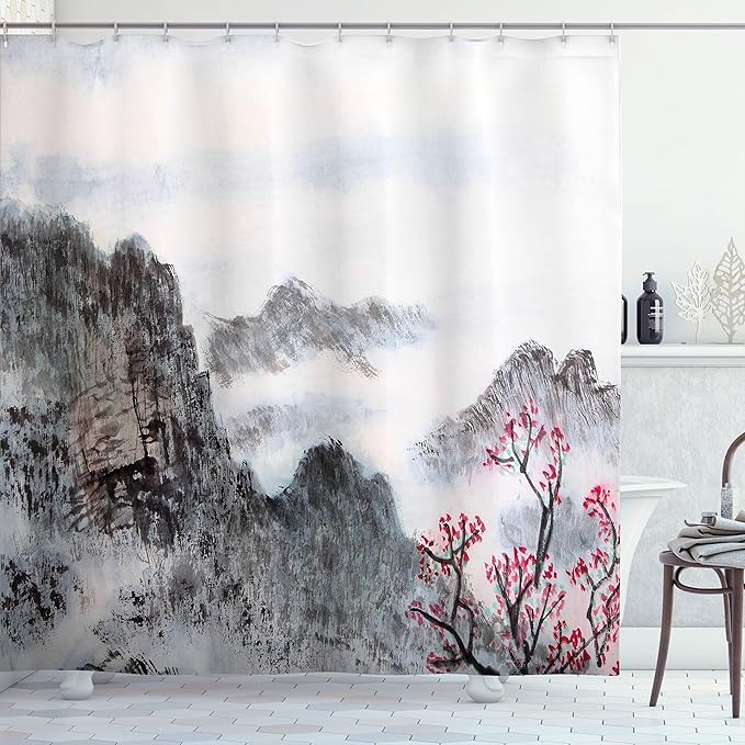 Ambesonne Asian Shower Curtain, Traditional Chinese Painting Landscape Sakura Cherry Tree Cloudy Mountains, Cloth Fabric Bathroom Decor Set with Hooks, 69" W x 70" L, Seal Brown White Red