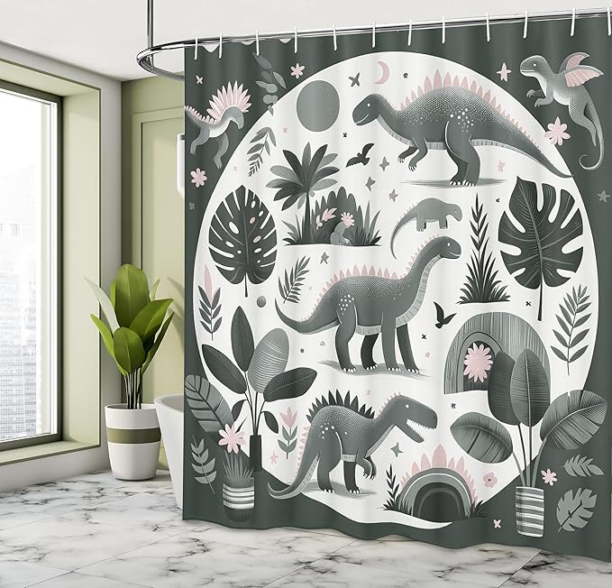 Ambesonne Dinosaur Shower Curtain, Dreamy Exotic Monstera Leaves and Jurassic Animals with Flowery Joy, Cloth Fabric Bathroom Decor Set with Hooks, 69" W x 75" L, Grey Teal Off White Rose