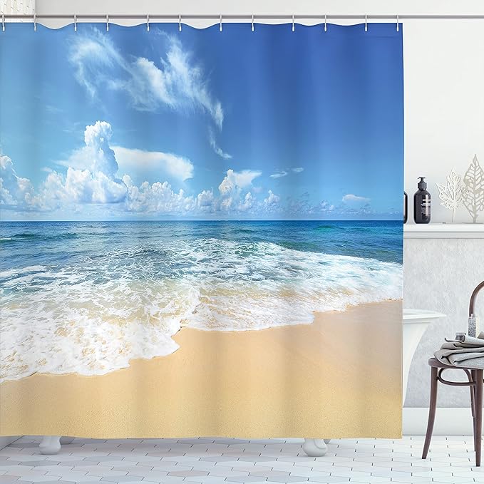 Ambesonne Ocean Shower Curtain, Waves and Paradise Beach with Sky Sun Endless Summer Sea Coast View Tropic Print, Cloth Fabric Bathroom Decor Set with Hooks, 69" W x 84" L, Cream Blue