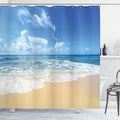 Ambesonne Ocean Shower Curtain, Waves and Paradise Beach with Sky Sun Endless Summer Sea Coast View Tropic Print, Cloth Fabric Bathroom Decor Set with Hooks, 69" W X 70" L, Cream Blue