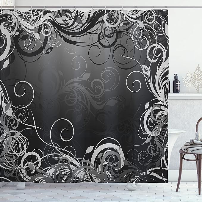 Ambesonne Abstract Shower Curtain, Mystic Forest Floral Swirls Leaves Nature Fading Ombre Effect Illustration, Cloth Fabric Bathroom Decor Set with Hooks, 69" W x 70" L, Dark Silver Grey