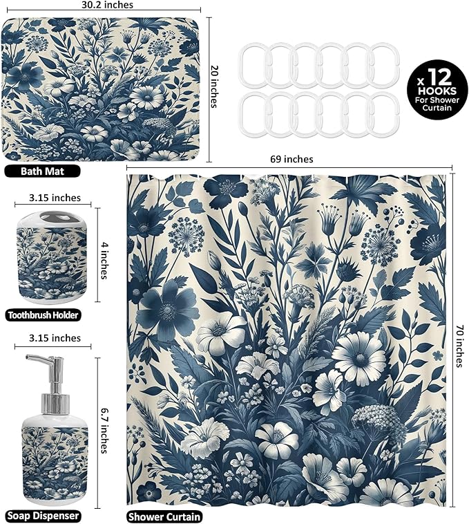 Ambesonne Navy Blue Bathroom Decor Set 4 Pcs Including Shower Curtain with Hooks Bath Mat Soap Dispenser Toothbrush Holder in Box Essentials & Accessories, Boho Daisy Art, Dark Slate Blue Coconut