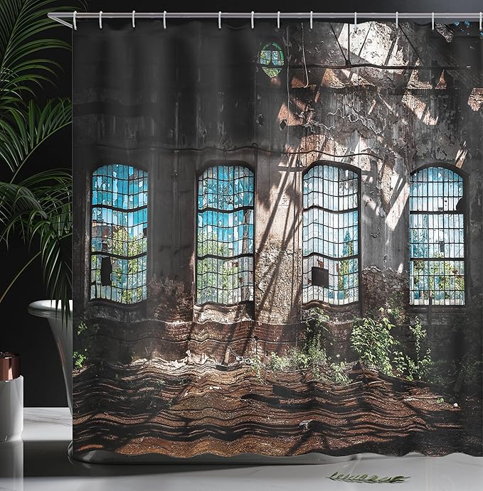 Ambesonne Industrial Shower Curtain, Interior of Tall Old Windows Ruins Hallway Station Shadow, Cloth Fabric Bathroom Decor Set with Hooks, 69" W x 70" L, Brown Blue Green