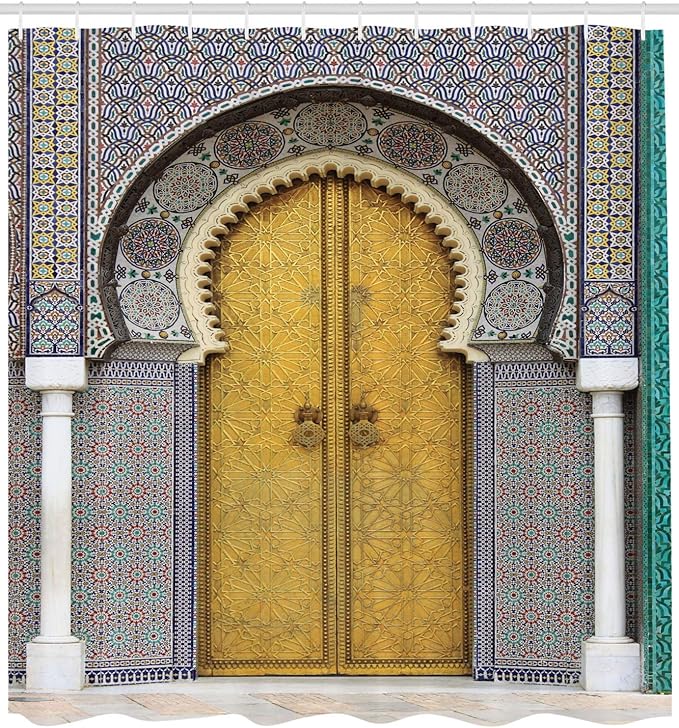 Ambesonne Orient Shower Curtain, Yellow Door of Royal Palace in FES Morocco Vintage Moroccan Artwork Mosaic Style, Cloth Fabric Bathroom Decor Set with Hooks, 69" W x 70" L, Navy Ivory