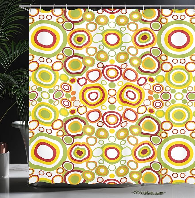 Ambesonne Geometric Shower Curtain, Circles Round Disk Disc Shapes Dots Swatches in Contrast Design Colorful Print, Cloth Fabric Bathroom Decor Set with Hooks, 69" W x 70" L, Green Yellow