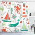 Ambesonne Nautical Shower Curtain, Pastel Colored Composition of Lighthouse Sailboat Fish Shells Octopus, Cloth Fabric Bathroom Decor Set with Hooks, 69" W x 70" L, Vermilion Teal