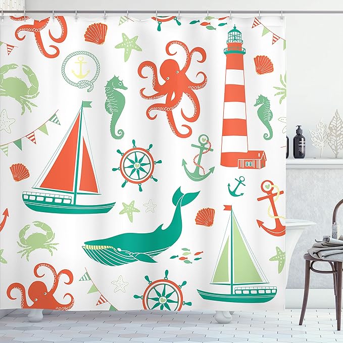 Ambesonne Nautical Shower Curtain, Pastel Colored Composition of Lighthouse Sailboat Fish Shells Octopus, Cloth Fabric Bathroom Decor Set with Hooks, 69" W x 70" L, Vermilion Teal