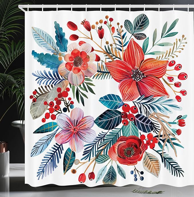 Ambesonne Christmas Shower Curtain, Vintage Xmas Wreth Ornate Arrange with Poinsettia Flowers and Berries, Cloth Fabric Bathroom Decor Set with Hooks, 69" W x 84" L, Dark Coral Petrol Blue