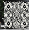 Ambesonne Grey Shower Curtain, Oriental Trippy Art with Moroccan Tile Pattern of Blooming and Curlicue Leaves, Cloth Fabric Bathroom Decor Set with Hooks, 69" W x 84" L, Off White Dimgray