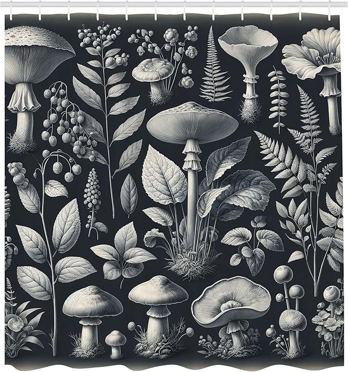 Ambesonne Botanical Shower Curtain, Art Medieval Witchcore Concept Modern Illustrated Mushroom Flowery and Leaves, Cloth Fabric Bathroom Decor Set with Hooks, 69" W x 84" L, Dark Blue Grey