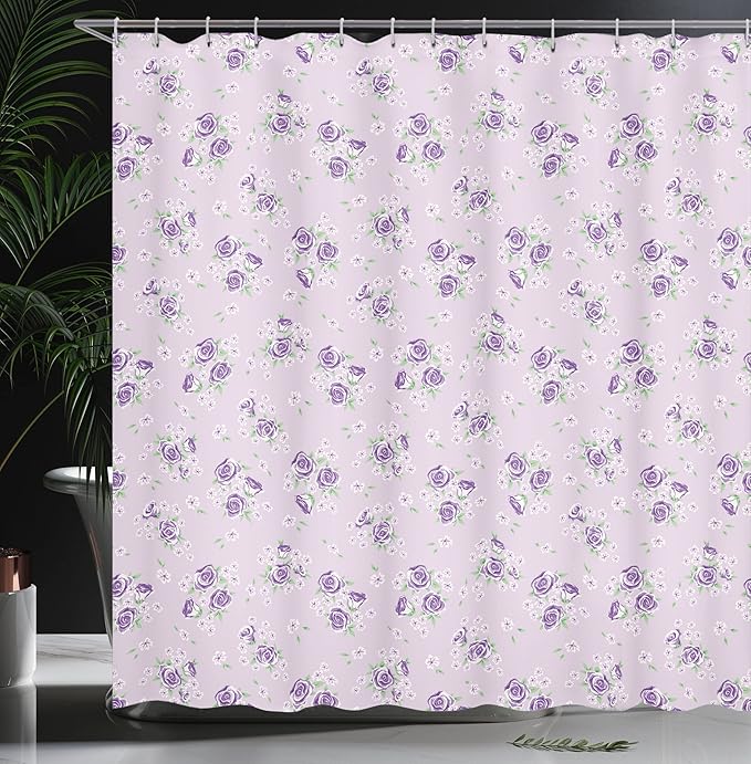 Ambesonne Vintage Shower Curtain, Romantic Shabby Form Style Inspired Flowers with Little Roses Lilacs Artwork, Cloth Fabric Bathroom Decor Set with Hooks, 69" W x 70" L, Purple Grey