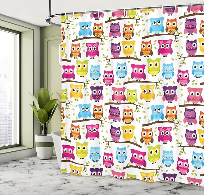Ambesonne Owls Shower Curtain, Owls in The Forest Woodland Celebration Friendship Togetherness Themed Artwork Print, Cloth Fabric Bathroom Decor Set with Hooks, 69" W x 75" L, Green Magenta