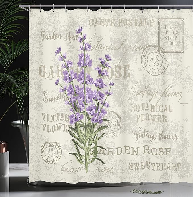 Ambesonne Lavender Shower Curtain, Vintage Postcard Composition Grunge Display and Flowers, Cloth Fabric Bathroom Decor Set with Hooks, 69" W x 70" L, Green Lavender