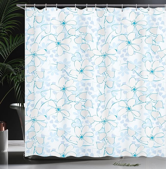 Ambesonne Blue Shower Curtain, Abstract Flowers with Heart Shaped Leaves Romantic Fresh Beauty in Nature, Cloth Fabric Bathroom Decor Set with Hooks, 69" W x 84" L, Pale Blue Aqua White