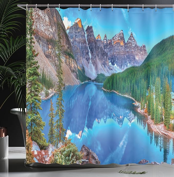 Ambesonne Landscape Shower Curtain, Moraine Lake Sunrise in Banff National Park Clear Sky Reflection Colorful Picture, Cloth Fabric Bathroom Decor Set with Hooks, 69" W x 84" L, Green Blue
