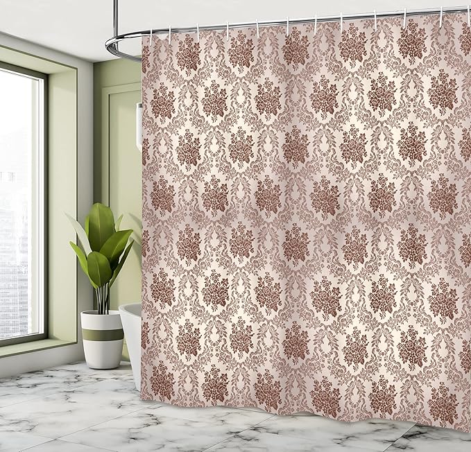 Ambesonne Damask Shower Curtain, Vintage Style Floral Pattern Abstract Romantic Bouquet Greenery Art Print, Cloth Fabric Bathroom Decor Set with Hooks, 69" W x 70" L, Warm Taupe