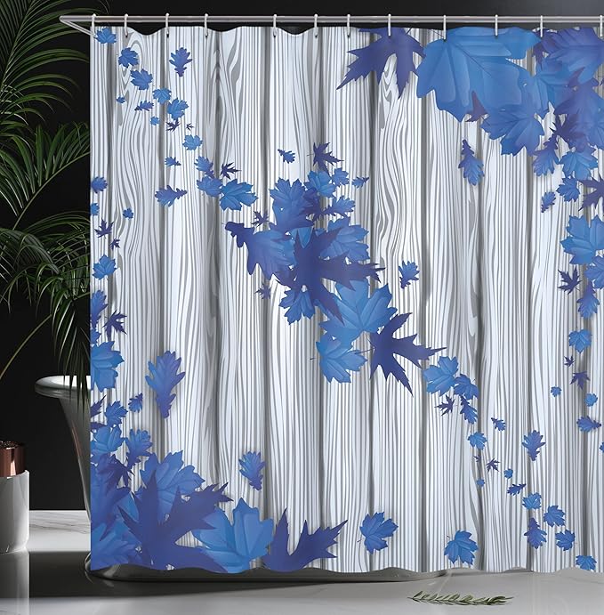 Ambesonne Autumn Shower Curtain, Fall Maple Leafs Tree Diagonal Leaves Foliage Rustic Wooden Planks Illustration, Cloth Fabric Bathroom Decor Set with Hooks, 69" W x 75" L, Cobalt Blue