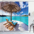 Ambesonne Beach Shower Curtain, Maldives Scenic Seaside View Sunbeds Under Umbrella Romantic Honeymoon Theme, Cloth Fabric Bathroom Decor Set with Hooks, 69" W x 70" L, Brown White