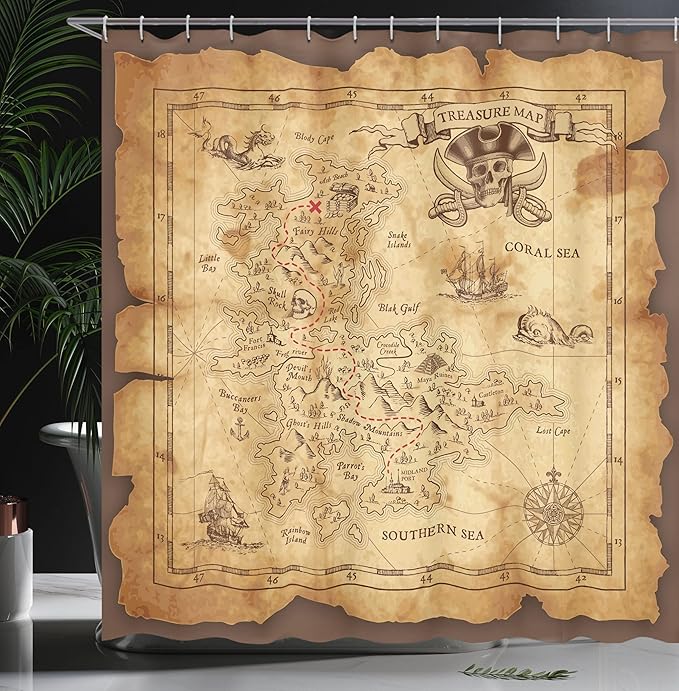 Ambesonne Island Map Shower Curtain, Super Detailed Treasure Map Grungy Rustic Pirates Gold Secret Sea History Theme, Cloth Fabric Bathroom Decor Set with Hooks, 69" W x 75" L, Beige Brown