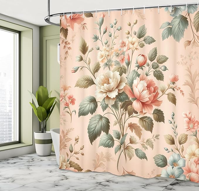 Ambesonne Floral Shower Curtain, Vintage Countryside Cottagecore Vibe Flowers Pastel Tones Paint Print, Cloth Fabric Bathroom Decor Set with Hooks, 69" W x 84" L, Pale Peach Reseda Green