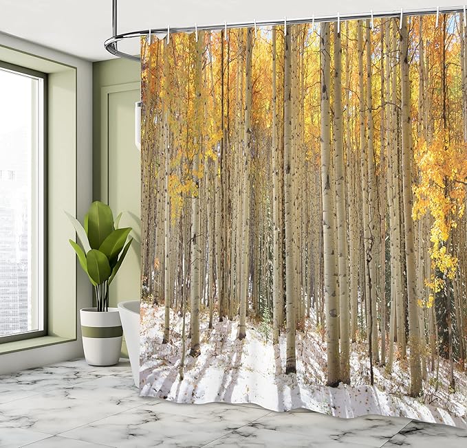 Ambesonne Forest Shower Curtain, Aspen Trees with Warm Leaves in Snow Forest in Early Winter Time Landscape, Cloth Fabric Bathroom Decor Set with Hooks, 69" W x 75" L, Orange White
