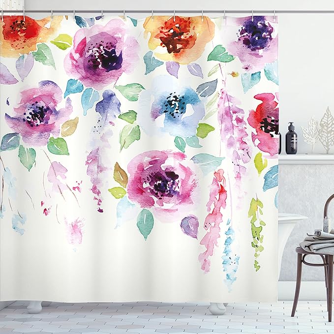 Ambesonne Abstract Shower Curtain, Modern Design Watercolor Style with Floral Leaves Seemed Ombre Details Art Print, Cloth Fabric Bathroom Decor Set with Hooks, 69" W x 75" L, Pink Orange