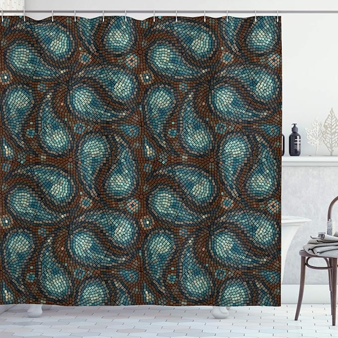 Ambesonne Paisley Shower Curtain, Modern Mosaic Like Circled Design with Teardrop Shaped Art Print, Cloth Fabric Bathroom Decor Set with Hooks, 69" W x 84" L, Brown Blue and Dark Blue