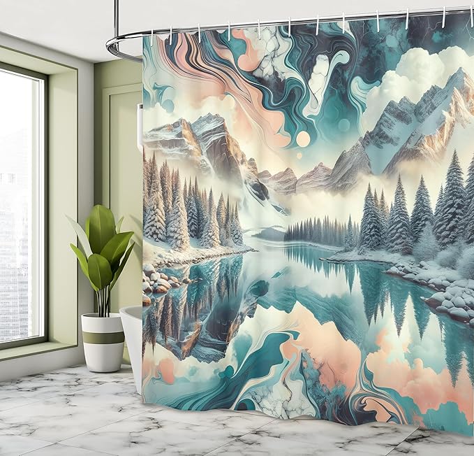 Ambesonne Lake Shower Curtain, Watercolor Effect Dreamy Vibe Woodland and Mountain Scene Print with Clouds, Cloth Fabric Bathroom Decor Set with Hooks, 69" W x 70" L, Cadet Blue Peach Teal