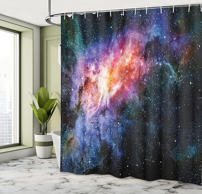 Ambesonne Outer Space Shower Curtain, Deep in Starry Outer Space Nebula and Galaxy in The Universe Celestial Print, Cloth Fabric Bathroom Decor Set with Hooks, 69" W x 75" L, Orange Purple