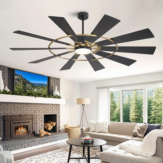 WINGBO 72" Windmill Ceiling Fan with Lights, 3 Downrod, 6-Speed Reversible DC Motor, 3CCT, 10 Blade Indoor Farmhouse DC Ceiling Fans for Kitchen Bedroom Living Room Patio, Aged Brass and Black
