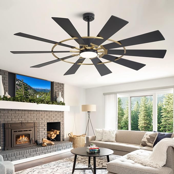 WINGBO 84" Windmill Ceiling Fan with Lights, 3 Downrod, 6-Speed Reversible DC Motor, 3CCT, 10 Blade Indoor Farmhouse DC Ceiling Fans for Kitchen Bedroom Living Room Patio, Aged Brass and Black