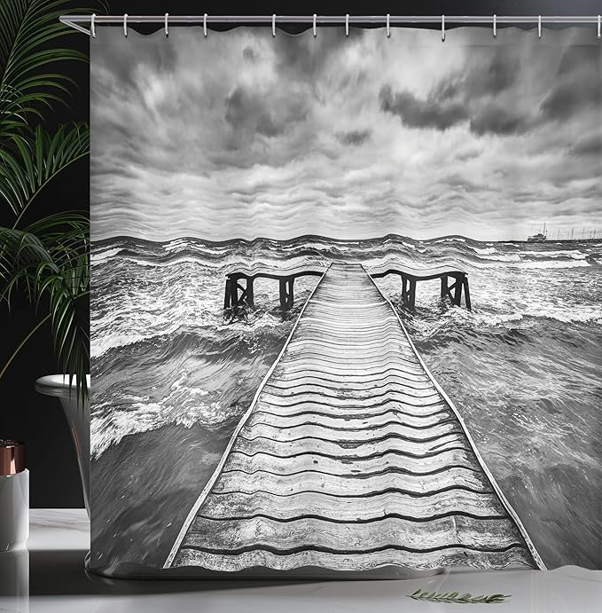 Ambesonne Landscape Shower Curtain, Old Wooden Deck in Storm Waves Sea Dramatic Sky Dark Heavy Clouds Print, Cloth Fabric Bathroom Decor Set with Hooks, 69" W x 70" L, Charcoal White