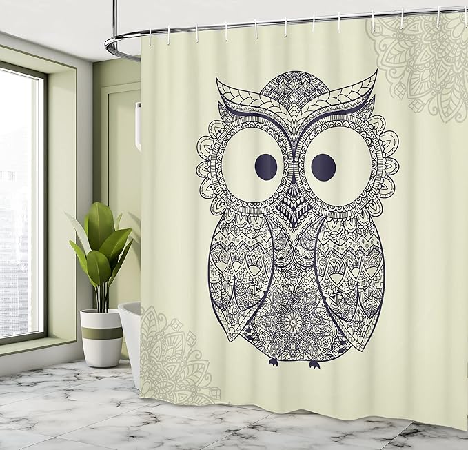 Ambesonne Ethnic Shower Curtain, Design Illustration Owl with Flowers Owl Bird Ornamental Pattern, Cloth Fabric Bathroom Decor Set with Hooks, 69" W x 84" L, Blue Eggshell