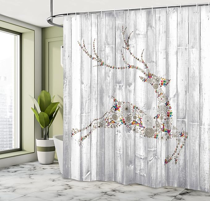 Ambesonne Deer Shower Curtain, Colorful Animal Silhouette Various Christmas Elements Wooden Planks Theme, Cloth Fabric Bathroom Decor Set with Hooks, 69" W x 75" L, Grey Multicolor