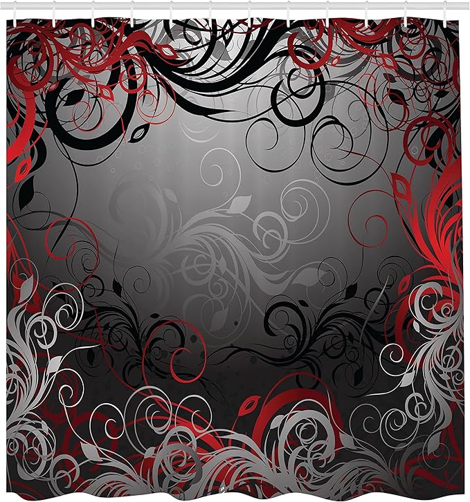 Ambesonne Abstract Shower Curtain, Mystic Forest Floral Swirls Leaves Nature Fading Ombre Effect, Cloth Fabric Bathroom Decor Set with Hooks, 69" W x 70" L, Charcoal Ruby