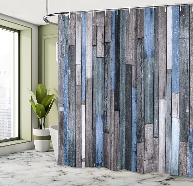 Ambesonne Wooden Print Shower Curtain, Brown Old Hardwood Floor Plank Grunge Lodge Garage Natural Rural Graphic, Cloth Fabric Bathroom Decor Set with Hooks, 69" W x 75" L, Azure Grey