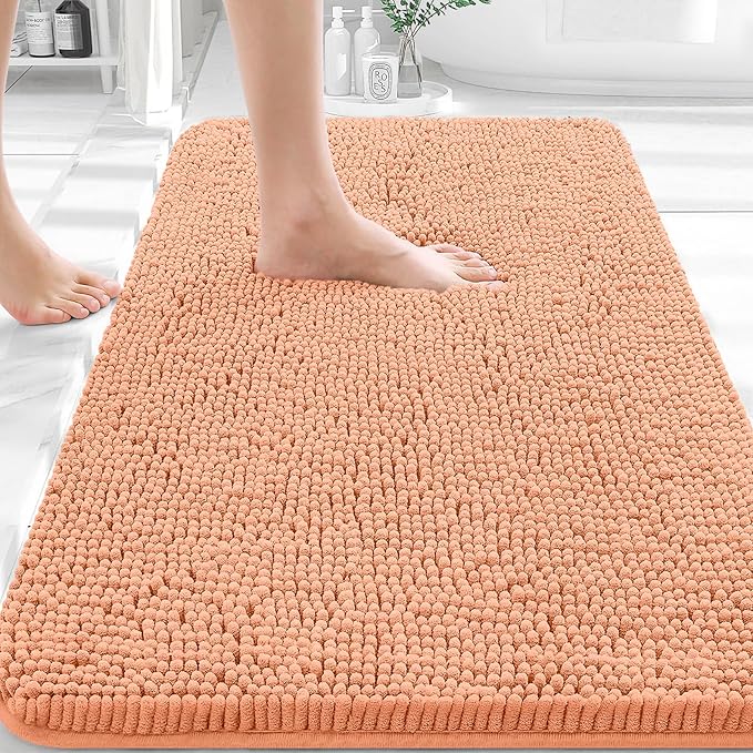OLANLY Bathroom Rugs 36x24, Extra Soft Absorbent Chenille Bath Rugs, Rubber Backing Quick Dry, Machine Washable Bath Mats for Bathroom Floor, Tub and Shower, Home Decor Accessories, Peach