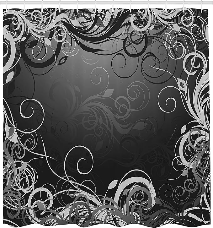 Ambesonne Abstract Shower Curtain, Mystic Forest Floral Swirls Leaves Nature Fading Ombre Effect Illustration, Cloth Fabric Bathroom Decor Set with Hooks, 69" W x 70" L, Dark Silver Grey