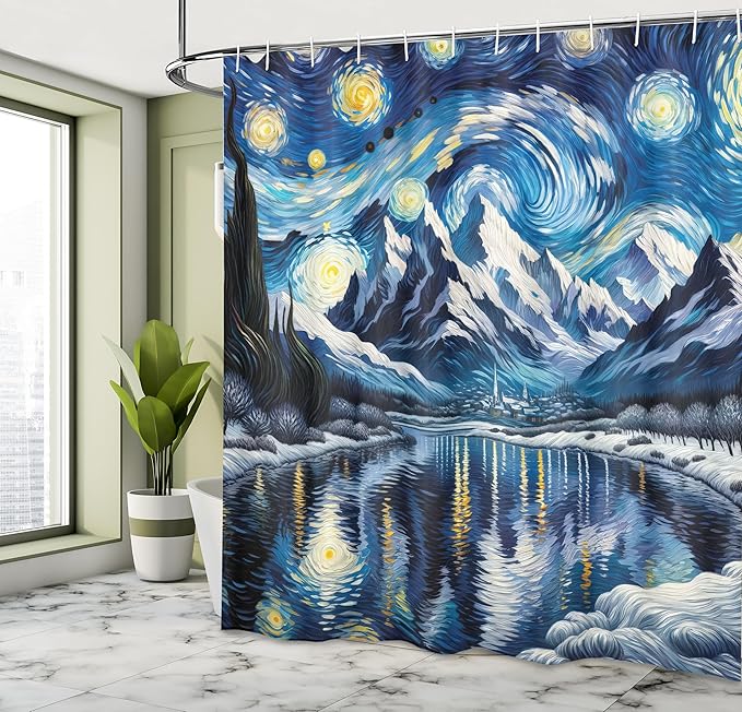 Ambesonne Painting Art Shower Curtain, Abstract Night Scenery with Impressionist Elements Starry Sky Lake, Cloth Fabric Bathroom Decor Set with Hooks, 69" W x 84" L, Royal Blue and Yellow