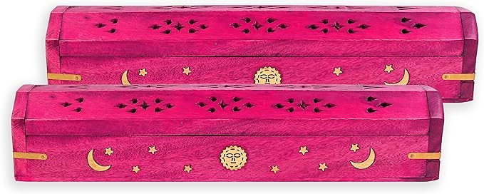 Incense Garden Pack of 2 Incense Stick Holder - Coffin Style - Wood Incense Stick Burner with Sun Moon Star Handmade with Brass Inlays (Pink)